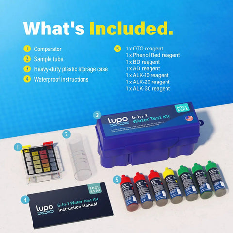 Top Shelf 6 In 1 Pool Water Test Kit For Swimming Pools And Hot Tubs with plastic storage case, comparator, sample tube, and reagents.