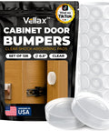 Clear Self Adhesive Cabinet Bumpers 128 Pack for no more slams; packaging image with shock-absorbing pads and usage illustration.