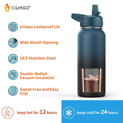 32 Oz Insulated Water Bottle With Straw Spout And Handle Lid Stainless Steel Sports Flask with features list