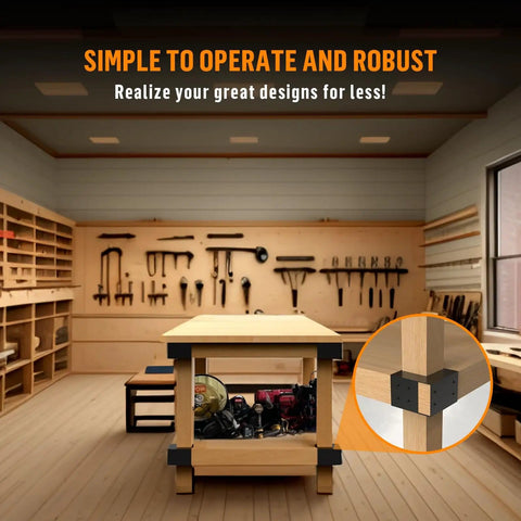 Woodworking table in a workshop using Built Tough Steel Three Way Workbench Bracket Kit With Eight Brackets And 128 Screws