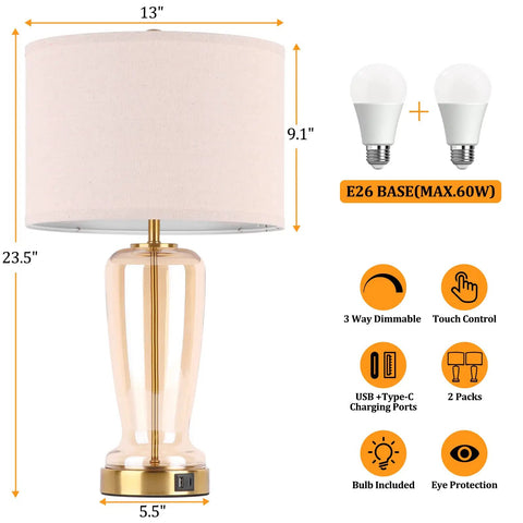 Gold Glass Table Lamps Set Of 2 With USB Ports And Touch Nightstand Control 3 Way Dimmable Modern Bedside Lamps For Bedroom Living Room Office Includes 2 Bulbs, showing lamp dimensions and features