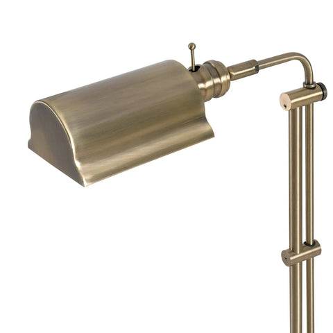 Antique Brass Floor Lamp With Adjustable Height And Swivel Head, Classic Mid Century Modern Vibe, 50 Inch Tall, narrow base close-up.