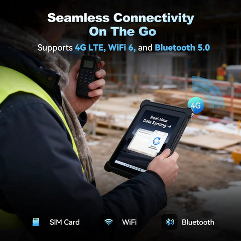 Person holding Built Like A Tank 10.1 Inch Rugged Tablet PC With Windows 11 Pro and Intel Core I5 in construction site.