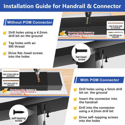 Installation guide image for Eight Foot Modular Black Stainless Steel Handrail Engineered For Gutsy Zero Flex Rigidity On Cable Railing Systems.