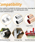 Compatibility chart for pipe repair clamp 26-29mm, showing PVC, steel, and copper pipes suitable for water, sewerage, and fire-fighting projects.