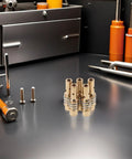 Hot Deal 10pcs Alloy Welding Torch Contact Tip Holder Diffuser Assembly For Mig Mag Guns arranged on a workbench.
