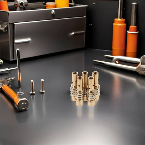Hot Deal 10pcs Alloy Welding Torch Contact Tip Holder Diffuser Assembly For Mig Mag Guns arranged on a workbench.