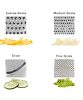 Four grating options of Gourmet 4 Sided Stainless Steel Box Grater With Fine Medium Coarse Grating And Slicing Options shown with food.