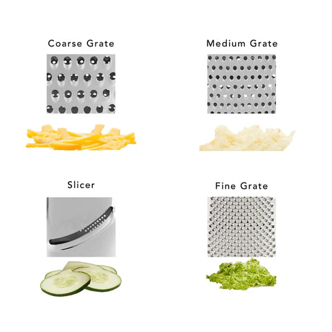 Four grating options of Gourmet 4 Sided Stainless Steel Box Grater With Fine Medium Coarse Grating And Slicing Options shown with food.