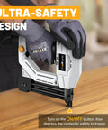 Hands using Badass Heavy Duty 2 In 1 Electric Nail Gun 18 Gauge Brad Nailer And Corded Stapler on wooden surface.