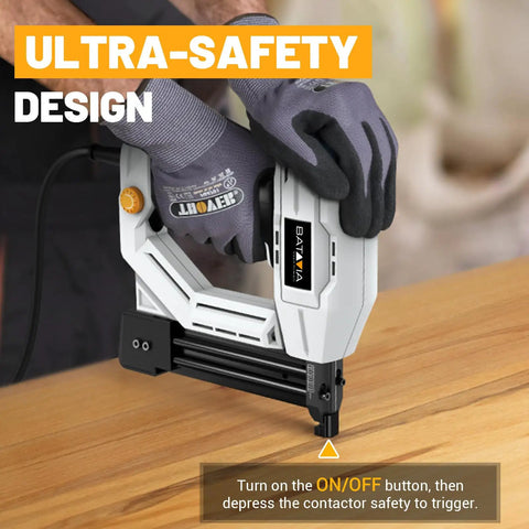Hands using Badass Heavy Duty 2 In 1 Electric Nail Gun 18 Gauge Brad Nailer And Corded Stapler on wooden surface.
