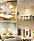 PRTILOUD Pendant Lights Kitchen Island, Modern Gold Hanging Light Fixture with Glass Shade in various home settings.