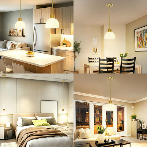 PRTILOUD Pendant Lights Kitchen Island, Modern Gold Hanging Light Fixture with Glass Shade in various home settings.