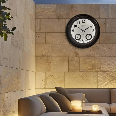 24 Inch Self Illuminated Outdoor Clock With Weather Station Thermometer And Hygrometer Waterproof Metal Clock In Oil Rubbed Bronze Finish Modern Farmhouse Style Night Light Auto Brightness Sensor installed on patio wall