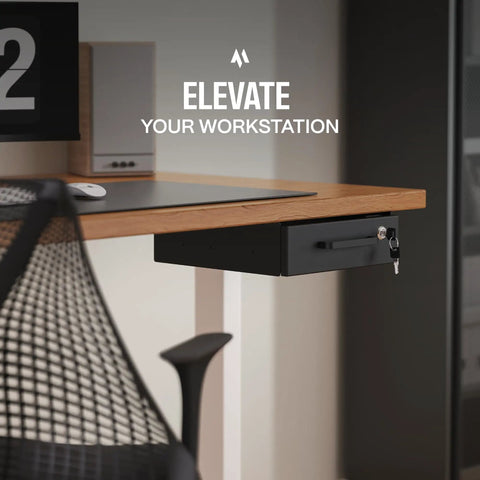 No Fuss Under Desk Slide Out Drawer With Lockable Metal Organizer And Smart Cable Routing For Clean Home Office Setup Matte Black Heavy Duty Carbon Steel Console visible under a wooden desk.