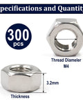 300 Pcs M4 Hex Nuts Stainless Steel 304 A2 70 Coarse Thread Hexagon Nuts For Hardware Projects And Repairs, Rustproof, Durable
