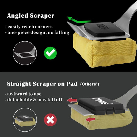 Comparison of angled vs straight scraper of Bristle Free Grill Brush With Steam Cleaning Safe Non Metallic Pad Replaceable Head For Any Grill Grate 17 Inch Long Handle One Fit All Scraper Outdoor BBQ Cleaner Tool Gift For Men Dad.