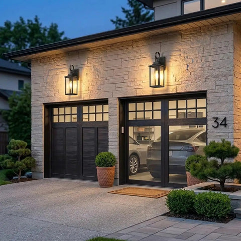 Large Outdoor Wall Lights Two Pack Matte Black With Clear Glass Modern Exterior Fixtures For Front Porch on garage exterior.