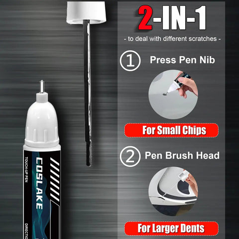 BMW Alpine White 300 Dope Touch Up Paint Kit With 2 In 1 Scratch Remover Pen Color Matched For Quick Easy Scratch Repair On BMW Cars And SUVs Exterior Panels And Bumpers showing dual pen nib and brush head for small chips and larger dents.