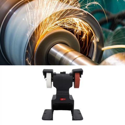 Close-up of a Fafeicy Cordless Bench Grinder in action, showcasing sparks from grinding, for sharpening and polishing tasks.