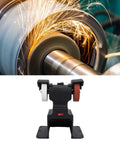 Glomora Mini Bench Grinder For Milwaukee Battery Cordless Machine with fine and coarse wheels in action, sparks flying during use.