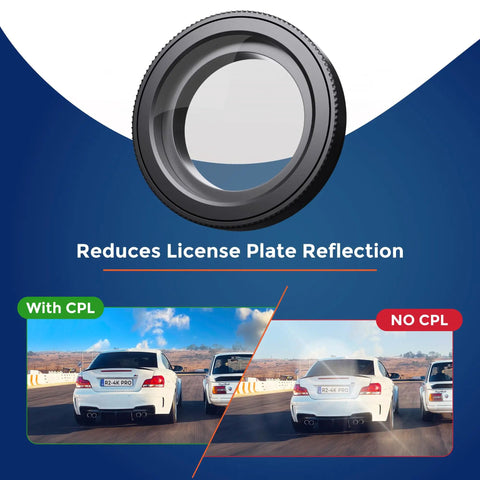 Anti-Glare Circular Polarizer CPL Filter For R2-4K Dash Cam Series Pro showing glare reduction, before and after comparison.