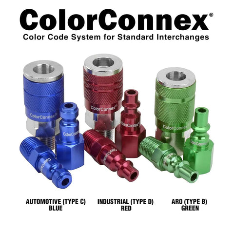 ColorConnex couplers and plugs in blue, red, and green with labels; Industrial Type D Red 14 Piece Coupler And Plug Kit With 1 Quarter Inch NPT Fittings For Heavy Duty Use Pro Grade Premium Materials Color Matching System Dedicated Line Use For Quick Cross Contamination Prevention.