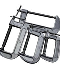 The Ultimate 4pcs C Clamps Set With Versatile Sizes Including 3 Inch, 4 Inch, 6 Inch And 8 Inch For Heavy Duty Woodworking, Welding, Carpentry And Furniture Assembly Made From Thickened Industrial Steel That Totally Slaps, showcasing 4 metal clamps.