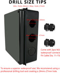 Rugged Outdoor Junction Box IP65 Weatherproof ABS Project Case With Two M24 Cable Glands Dustproof Black Electronics Enclosure For Outdoor Use Built To Last Electrical Housing For Outdoor Equipment 5.9 By 5.9 By 2.8 Inches, front view with 24-27mm holes