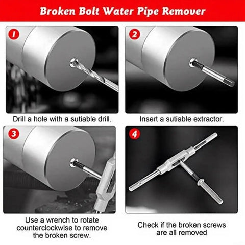 Premium 8-Piece Screw Extractor Kit Made From Heat Treated Carbon Steel. Heavy Duty Double Headed Bits For Stripped Bolt Removal In Auto And Construction Jobs. Tough Tool To Pull Broken Threads Without Breaking Effortlessly Save Time On Rusted Fasteners. illustrated steps for drilling and removing a broken bolt