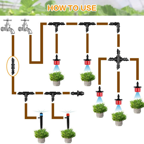Diagram of 120 Piece Barbed Coupling Fittings Set For 1 Quarter Inch Drip Irrigation Tubing in garden layout