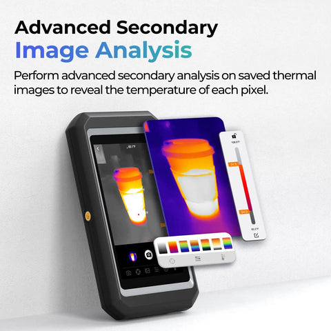 Game-Changing Thermal Imaging Camera With 256x192 IR Resolution 5 Inch Touch Screen showing thermal analysis of a cup