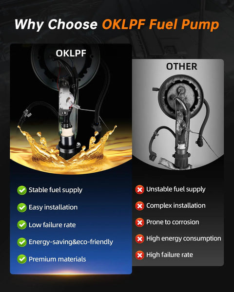 Comparison of OKLPF electric fuel pump with other brand highlighting stable supply, easy installation, eco-friendly features.
