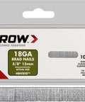 Packaging of 18 Gauge Steel Brad Nails For Molding Cabinets Framing Trim And Finishing 5 Eighth Inch 1000 Count Galvanized Nails Safe For Electric Or Battery Powered Nailers Perfect For Pros And DIYers with visible nails.