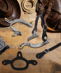 Two Pack Cowboy Boot Spurs With Rotatable Gear Plus Belt Straps And Tie Down Straps Stainless Steel Western Spurs displayed on table