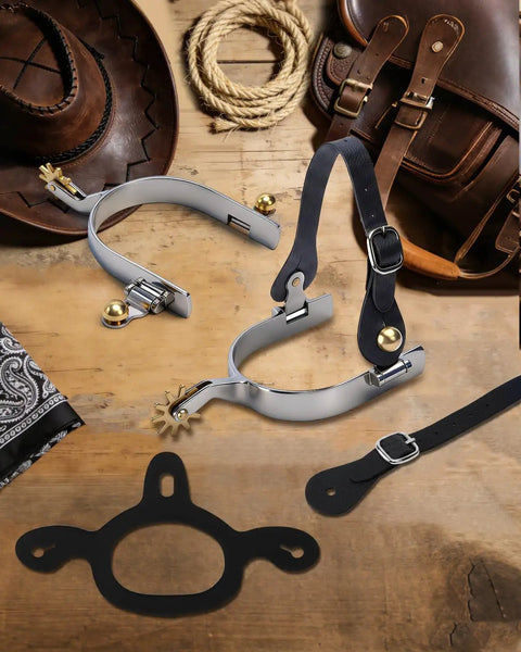 Two Pack Cowboy Boot Spurs With Rotatable Gear Plus Belt Straps And Tie Down Straps Stainless Steel Western Spurs displayed on table
