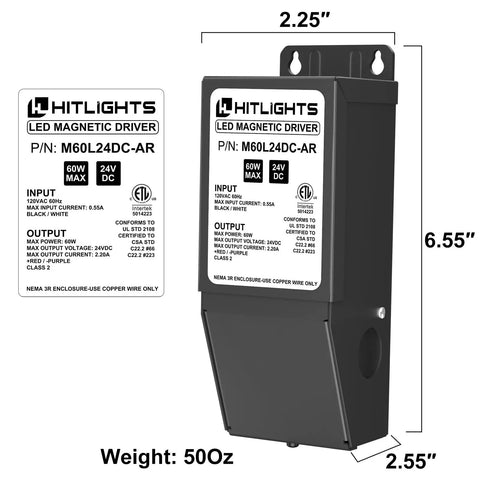 Dimmable LED Driver Transformer 24V 60W Magnetic Power Supply with dimensions and weight displayed.