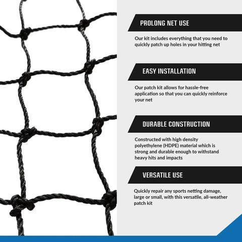 Close-up of batting cage net patch showcasing durable HDPE material, part of Batting Cage Net Patch Up Kit For Baseball And Softball Quick Hole Fix With Patches And Tools To Fix Holes In A 2 By 2 Foot Net Easy To Patch And Repair On The Field For Long Lasting Net.