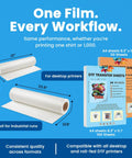 Transfer Film Roll For All Fabrics 13 Inch Wide By 328 Feet A3 Plus Premium PET Film With Double Matte Anti Static Finish displays for printers and industrial use.