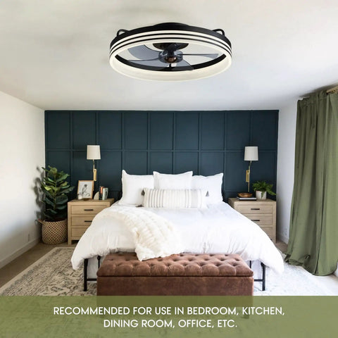 Ceiling Fan With Light 20 Inch Black Flush Mount Low Profile with 6 Speeds shown in modern bedroom setup