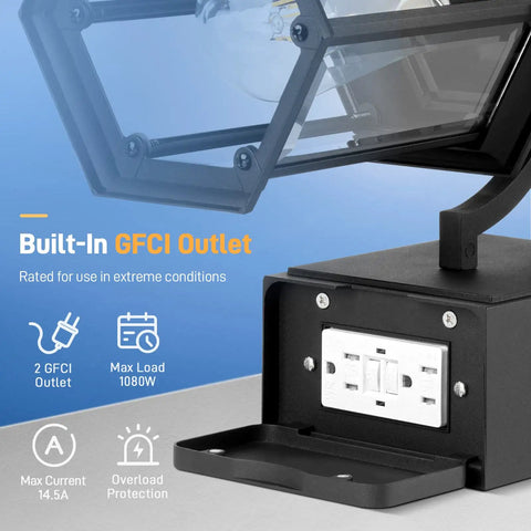 Close-up of Outdoor Porch Light With Built In Outlet And GFCI showcasing hexagonal design and GFCI outlet