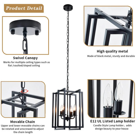 Dope Farmhouse Lantern Chandelier Black Light Fixture Four Light Rustic Industrial Pendant Lighting With Adjustable Height Modern Square Cage Hanging Lights for Hallway Kitchen Island Living Room Bedroom with detailed view of canopy, chain, and lamp holder features