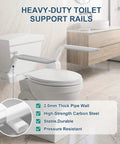 Adjustable Toilet Safety Rail With Rock Solid No Slip Handles Hassle Free Bathroom Assist Bar For Elderly Big Time Stability Quick Install Wide Arm Waterproof Grip installed on toilet with sturdy carbon steel support.