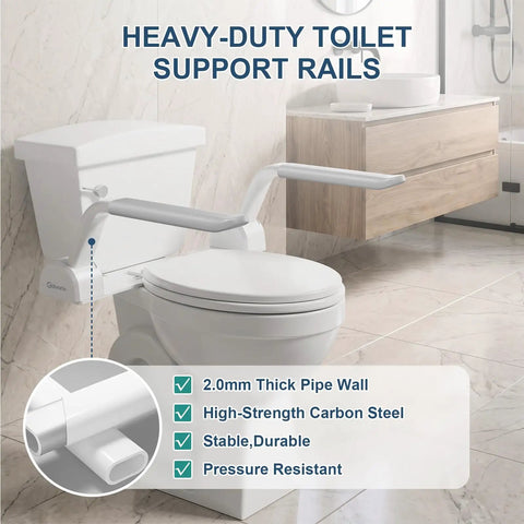 Adjustable Toilet Safety Rail With Rock Solid No Slip Handles Hassle Free Bathroom Assist Bar For Elderly Big Time Stability Quick Install Wide Arm Waterproof Grip installed on toilet with sturdy carbon steel support.