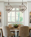 4-Light Weathered Wood Farmhouse Pendant Chandelier With Geometric Cage over dining table in cozy dining room