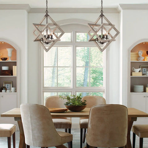 4-Light Weathered Wood Farmhouse Pendant Chandelier With Geometric Cage over dining table in cozy dining room