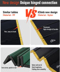 Comparison of foldable table hinges showing iClimb new design with durable nylon hinges vs older design with PP hinges, unique strength feature.