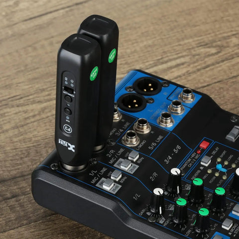 P3 Wireless XLR Bluetooth Receiver installed on audio mixer; for speakers, audio mixers, PA and DJ systems with rechargeable battery