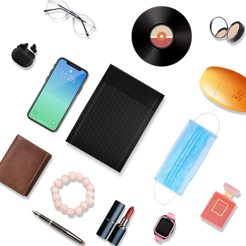 Black Opaque Bubble Mailers 4x8 Inch Self Seal 52 Pack Padded Envelopes shown with various items including phone, mask, and watch.