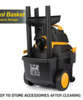 Heavy Duty Wet And Dry Shop Vacuum With 4 Gallon Tank And 5.5 Peak HP SVX2 Motor, shown with tool basket for accessories.